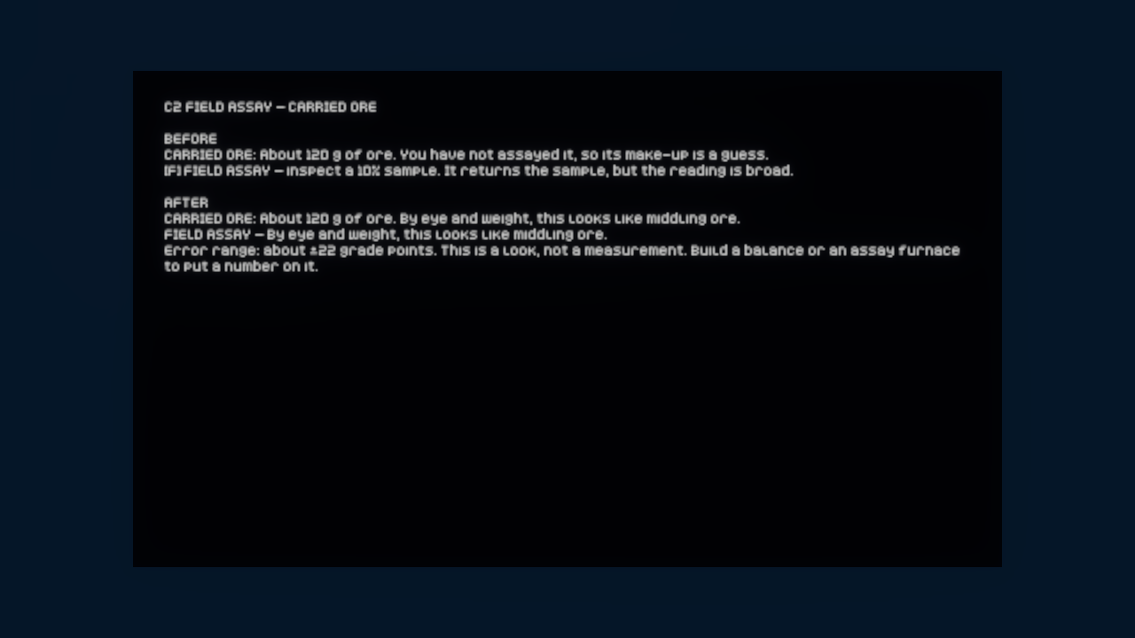 In-game inventory assay interface displaying ore mass and qualitative grade
